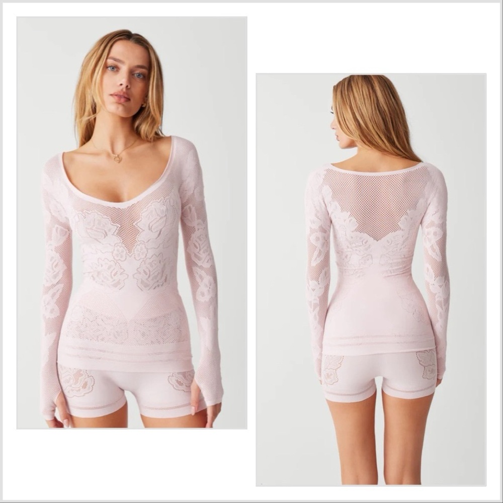 Frankie's Bikinis Light Pink Lace Activewear Top and Shorts Set